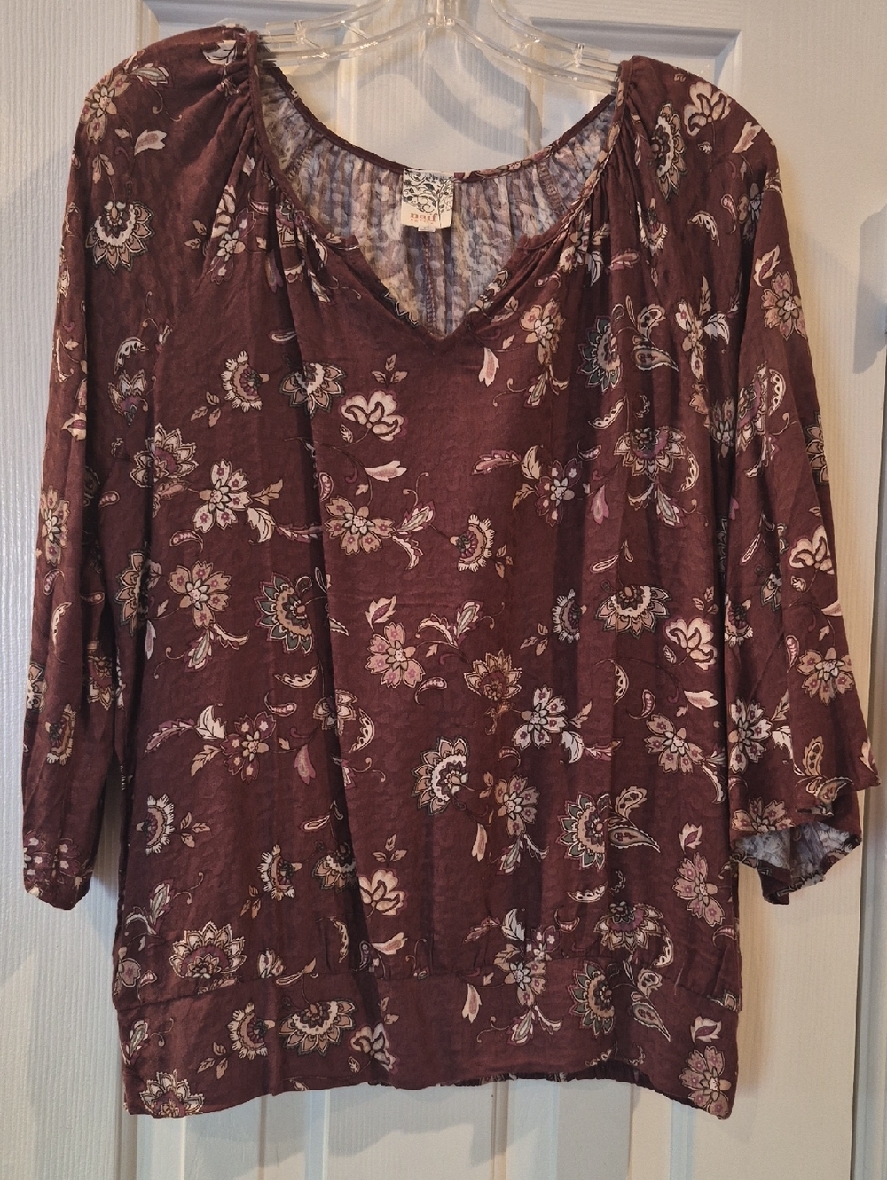 Rayon Burgundy Floral Peasant Blouse in Mauve - Women Tops Petite Large